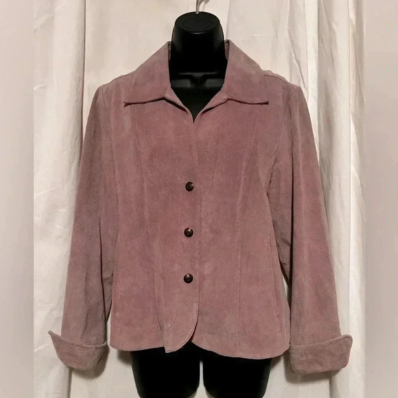 Live a Little EUC Women's Sz M 100% Leather Suede Dusty Rose Snap Front Blazer - Picture 1 of 5